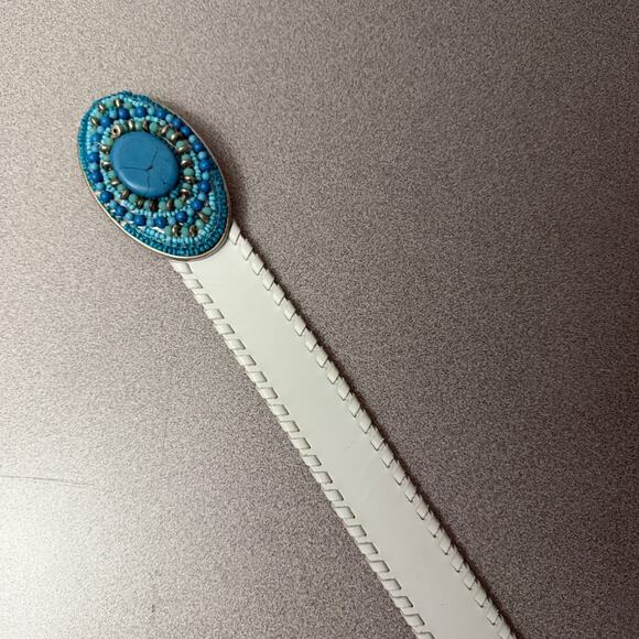 Chicos Leather Belt Small Womens White Embellished Buckle Beaded Faux Turquoise main image 8